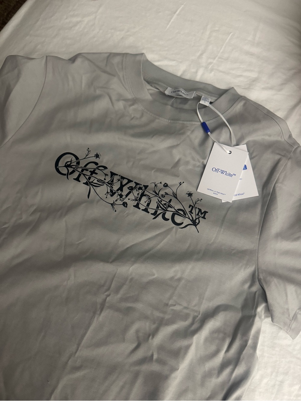 Off-White Light Gray Short-Sleeve Tee with Black Floral Logo